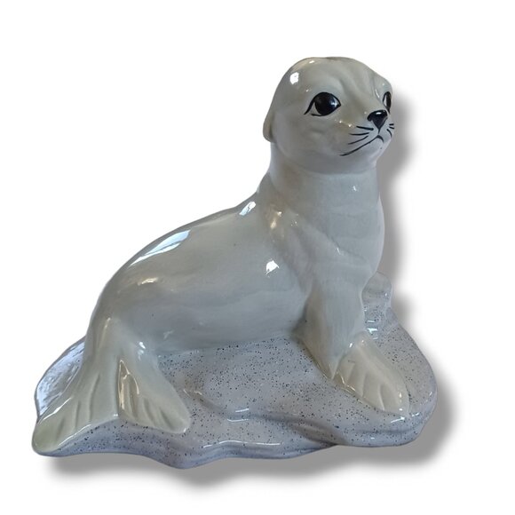 Seal Figurine Porcelain Ceramic Glazed Ocean Arctic Animals White Blue Gray - Picture 1 of 10